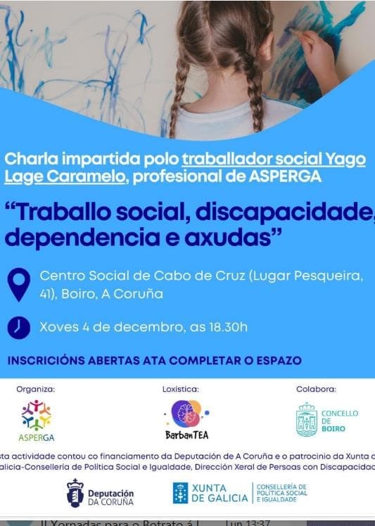 CHARLA XOVES 4 DECEMBRO ÁS 18:30 "TRABALLO SOCIAL, DISCAPACIDADE, DEPENDENCIA E AXUDAS"